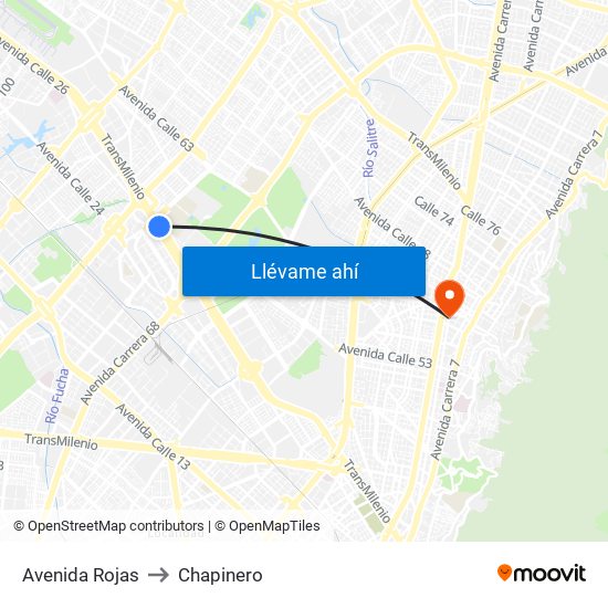 Avenida Rojas to Chapinero map