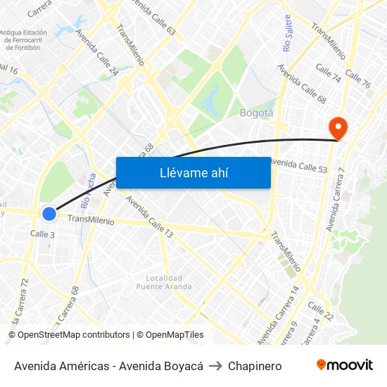 Avenida Américas - Avenida Boyacá to Chapinero map