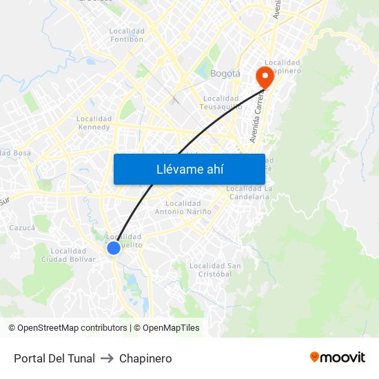 Portal Del Tunal to Chapinero map