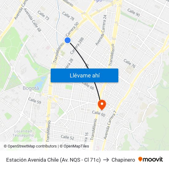 Estación Avenida Chile (Av. NQS - Cl 71c) to Chapinero map