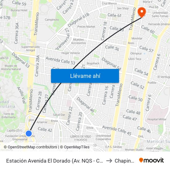 Estación Avenida El Dorado (Av. NQS - Cl 40a) to Chapinero map