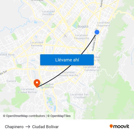 Chapinero to Ciudad Bolívar map