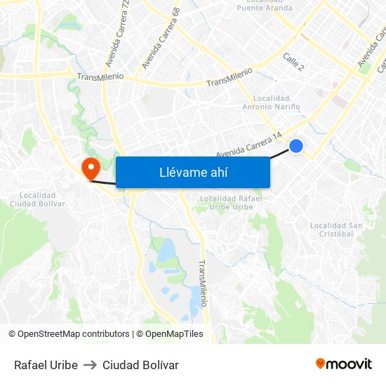 Rafael Uribe to Ciudad Bolívar map