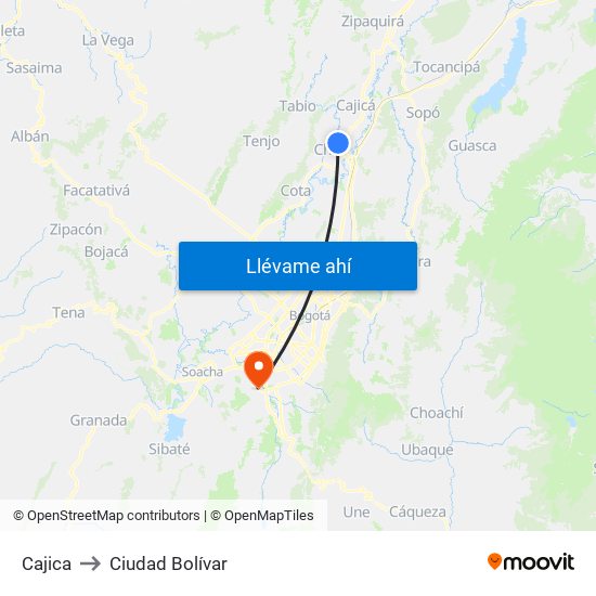 Cajica to Ciudad Bolívar map