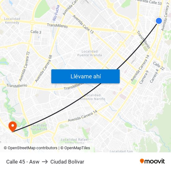 Calle 45 - Asw to Ciudad Bolívar map