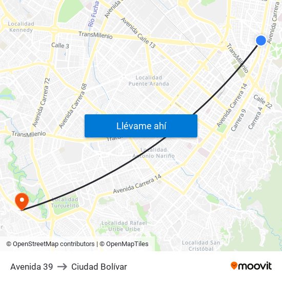 Avenida 39 to Ciudad Bolívar map