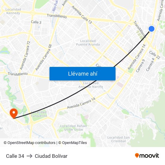 Calle 34 to Ciudad Bolívar map