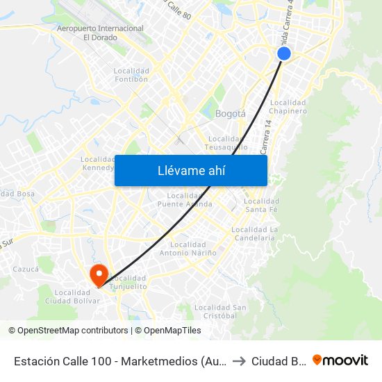 Estación Calle 100 - Marketmedios (Auto Norte - Cl 98) to Ciudad Bolívar map
