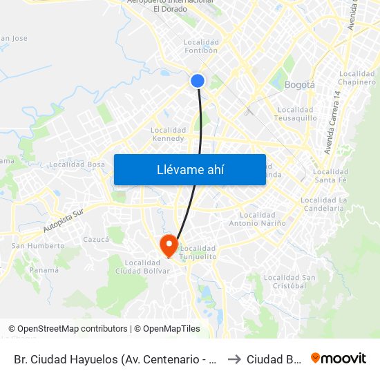 Br. Ciudad Hayuelos (Av. Centenario - Av. C. De Cali) to Ciudad Bolívar map