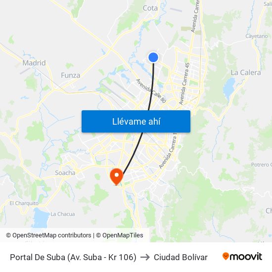 Portal De Suba (Av. Suba - Kr 106) to Ciudad Bolívar map