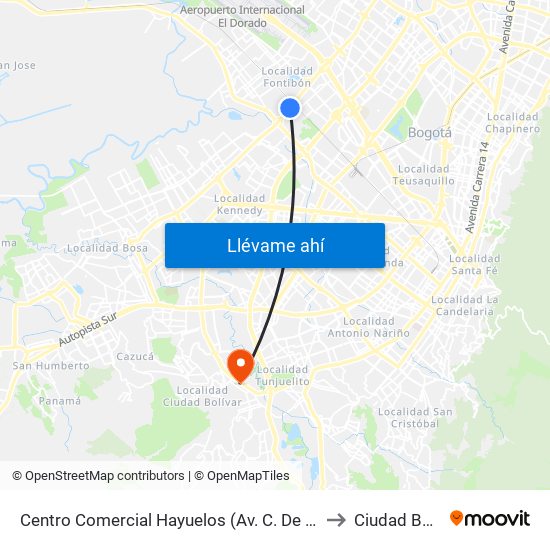 Centro Comercial Hayuelos (Av. C. De Cali - Cl 20) to Ciudad Bolívar map