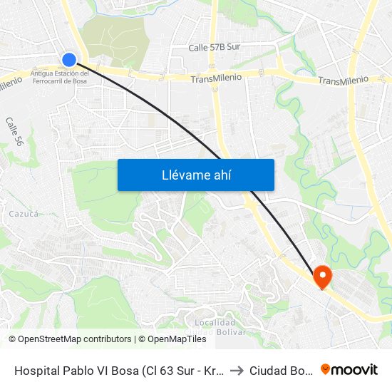 Hospital Pablo VI Bosa (Cl 63 Sur - Kr 77g) (A) to Ciudad Bolívar map