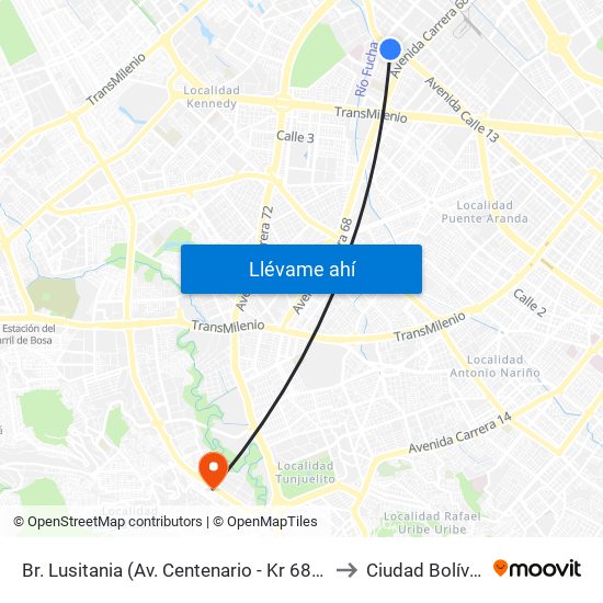 Br. Lusitania (Av. Centenario - Kr 68b) to Ciudad Bolívar map