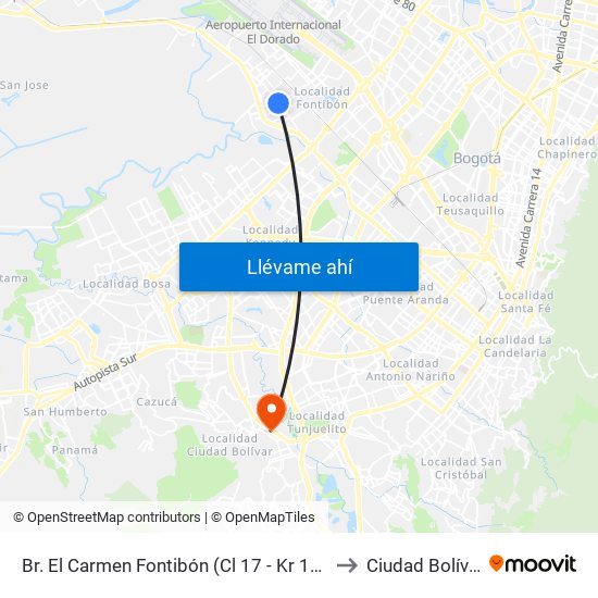 Br. El Carmen Fontibón (Cl 17 - Kr 100) to Ciudad Bolívar map