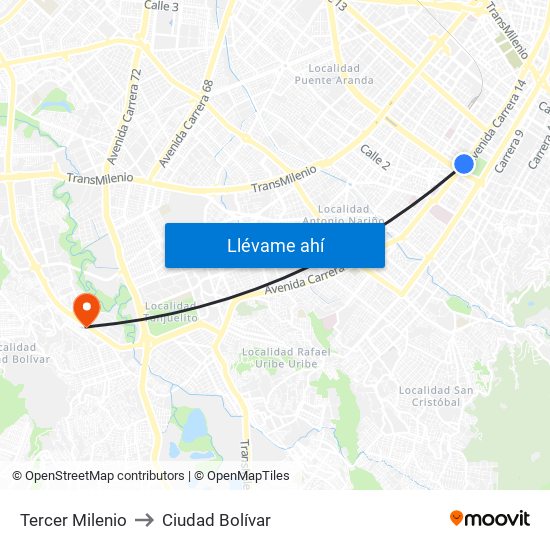 Tercer Milenio to Ciudad Bolívar map