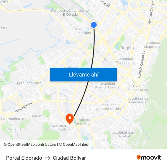 Portal Eldorado to Ciudad Bolívar map
