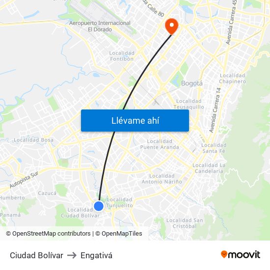 Ciudad Bolívar to Engativá map