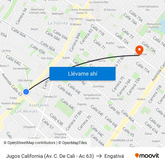 Jugos California (Av. C. De Cali - Ac 63) to Engativá map