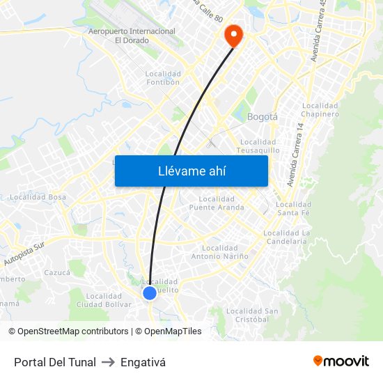 Portal Del Tunal to Engativá map