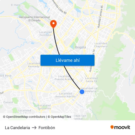 La Candelaria to Fontibón map