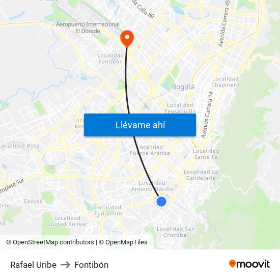 Rafael Uribe to Fontibón map