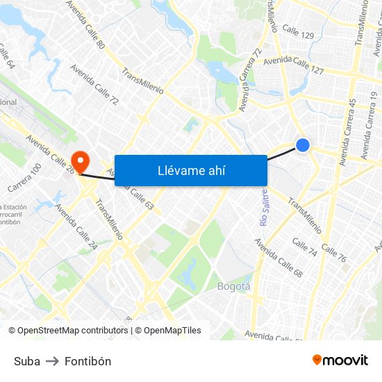 Suba to Fontibón map