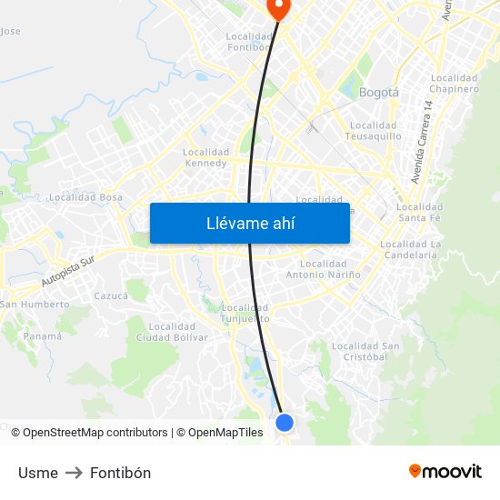 Usme to Fontibón map