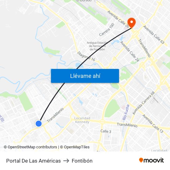 Portal De Las Américas to Fontibón map