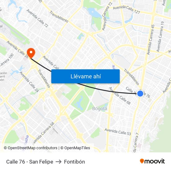 Calle 76 - San Felipe to Fontibón map