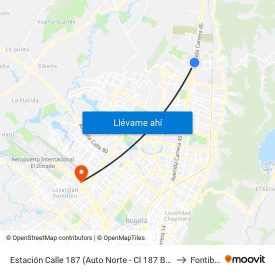 Estación Calle 187 (Auto Norte - Cl 187 Bis) (A) to Fontibón map