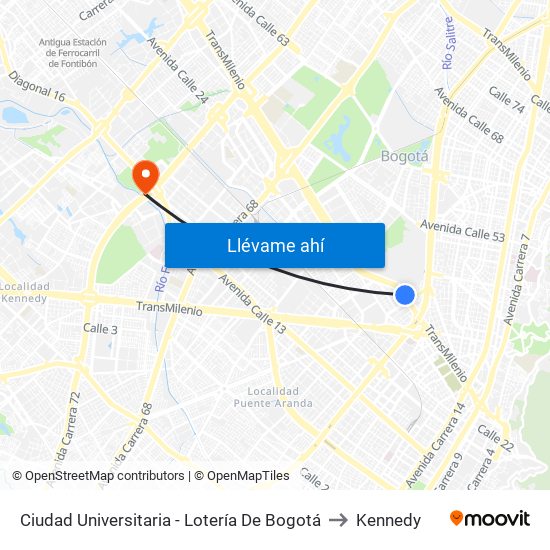 Ciudad Universitaria - Lotería De Bogotá to Kennedy map