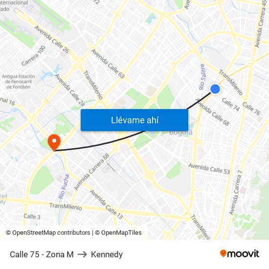 Calle 75 - Zona M to Kennedy map