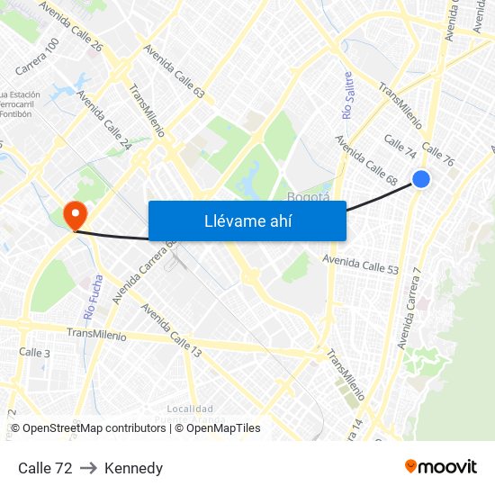 Calle 72 to Kennedy map