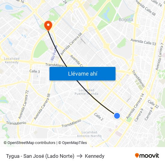 Tygua - San José (Lado Norte) to Kennedy map