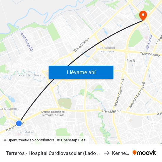 Terreros - Hospital Cardiovascular (Lado Sur) to Kennedy map