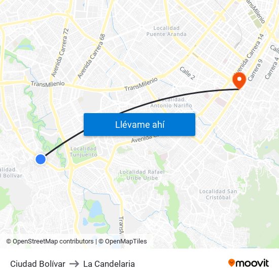 Ciudad Bolívar to La Candelaria map