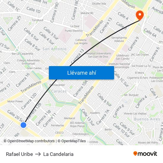 Rafael Uribe to La Candelaria map