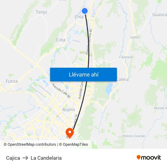 Cajica to La Candelaria map