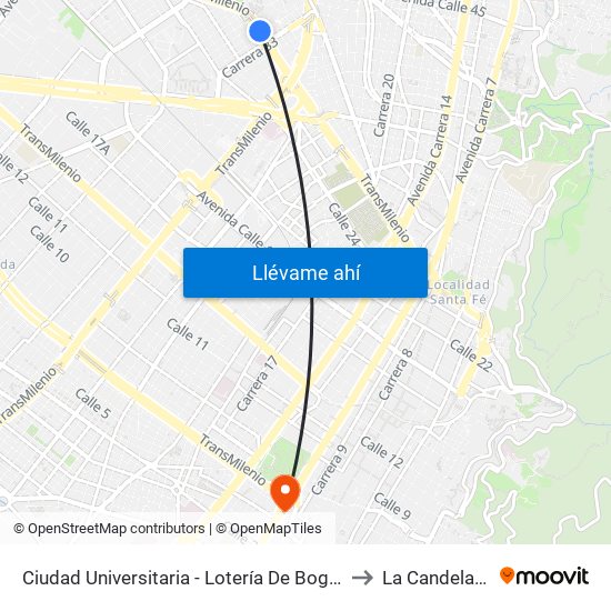 Ciudad Universitaria - Lotería De Bogotá to La Candelaria map