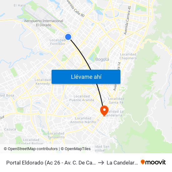 Portal Eldorado (Ac 26 - Av. C. De Cali) to La Candelaria map
