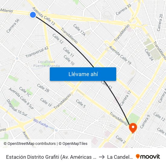 Estación Distrito Grafiti (Av. Américas - Kr 53a) to La Candelaria map