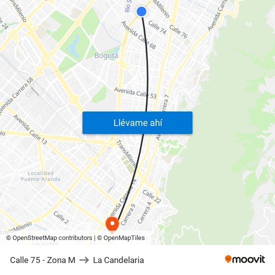 Calle 75 - Zona M to La Candelaria map