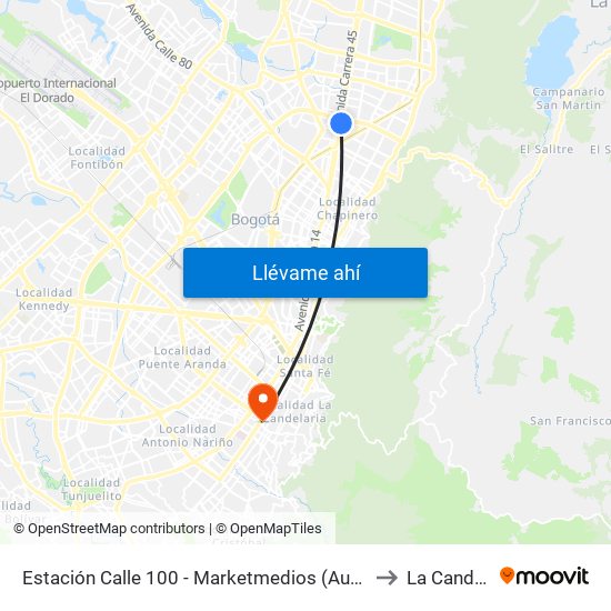Estación Calle 100 - Marketmedios (Auto Norte - Cl 98) to La Candelaria map