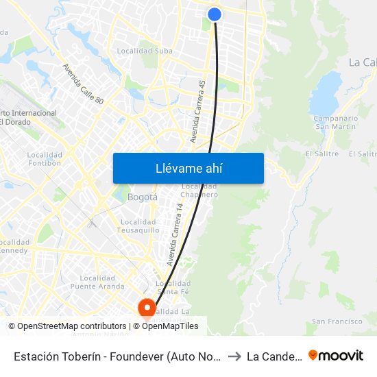 Estación Toberín - Foundever (Auto Norte - Cl 166) to La Candelaria map