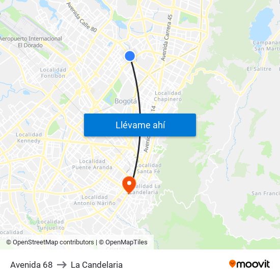 Avenida 68 to La Candelaria map