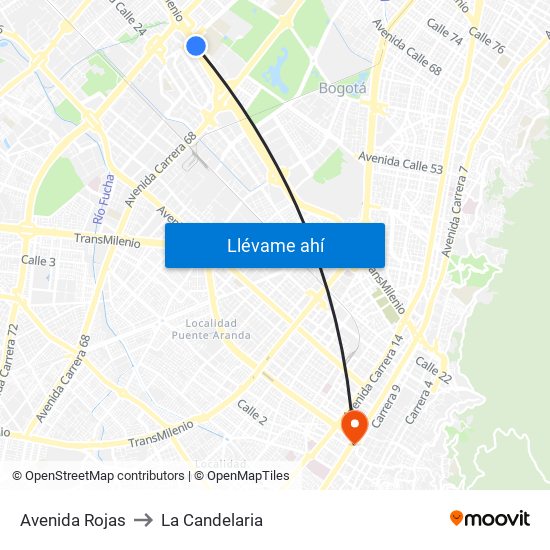 Avenida Rojas to La Candelaria map