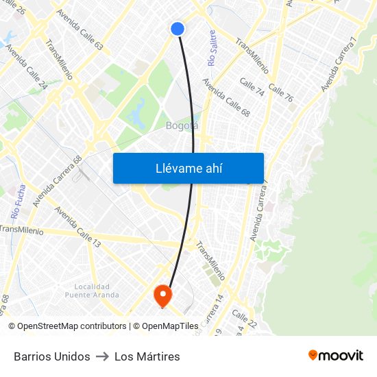 Barrios Unidos to Los Mártires map