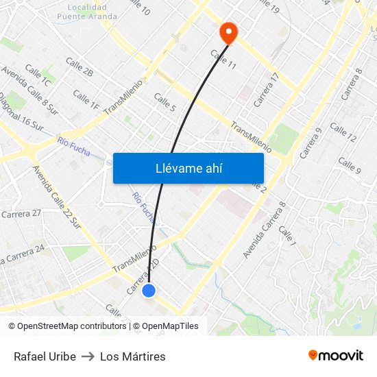 Rafael Uribe to Los Mártires map
