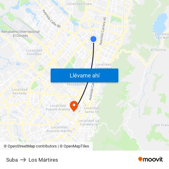 Suba to Los Mártires map