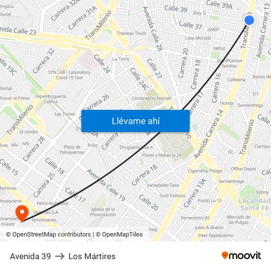 Avenida 39 to Los Mártires map